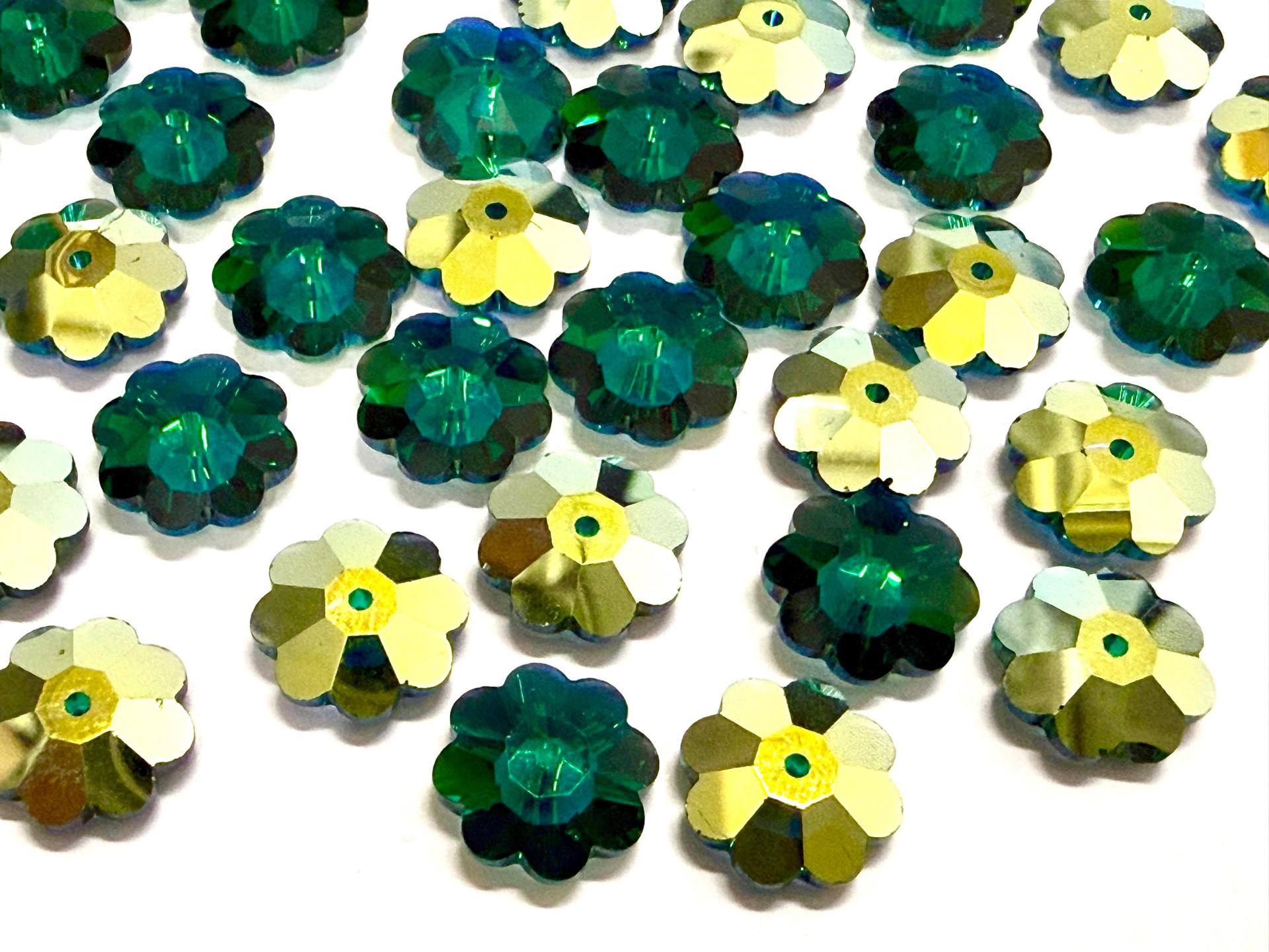 12mm Swarovski Crystal Flower Beads, Emerald Aurore Boreale Finish