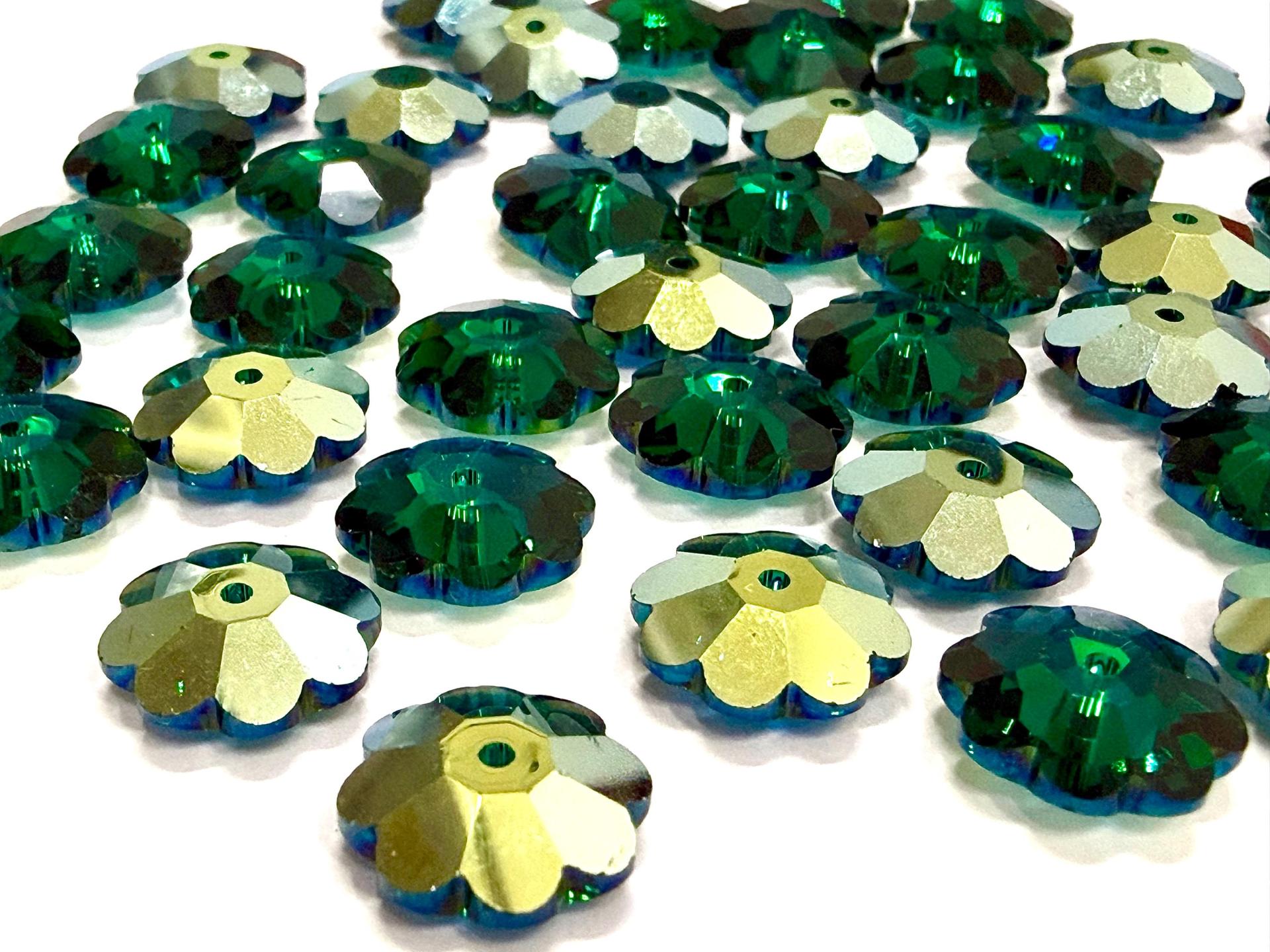 12mm Swarovski Crystal Flower Beads, Emerald Aurore Boreale Finish