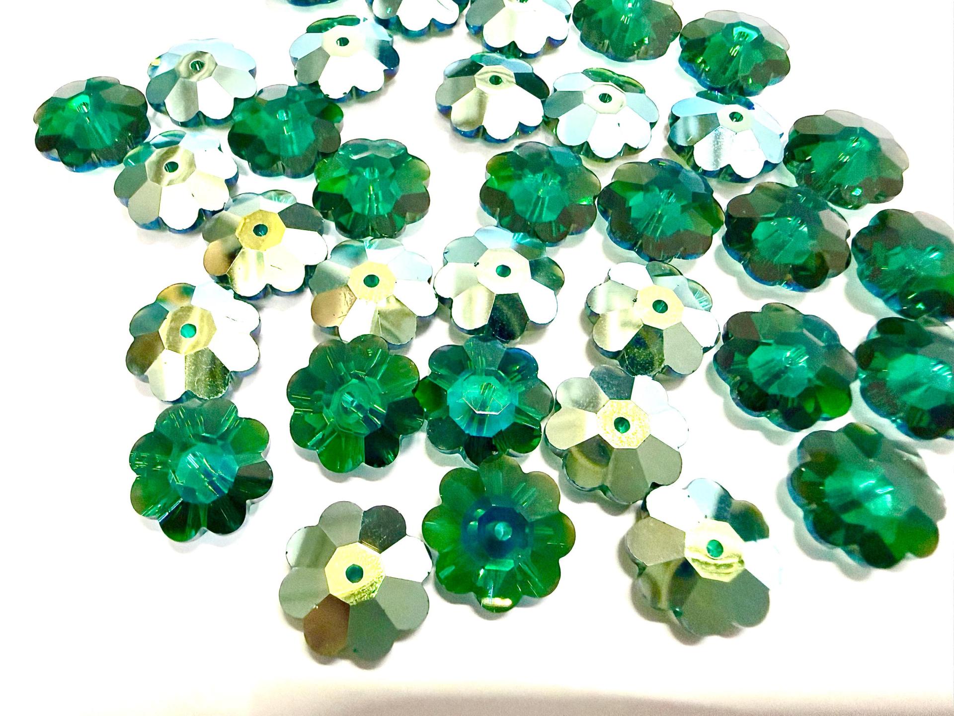 12mm Swarovski Crystal Flower Beads, Emerald Aurore Boreale Finish