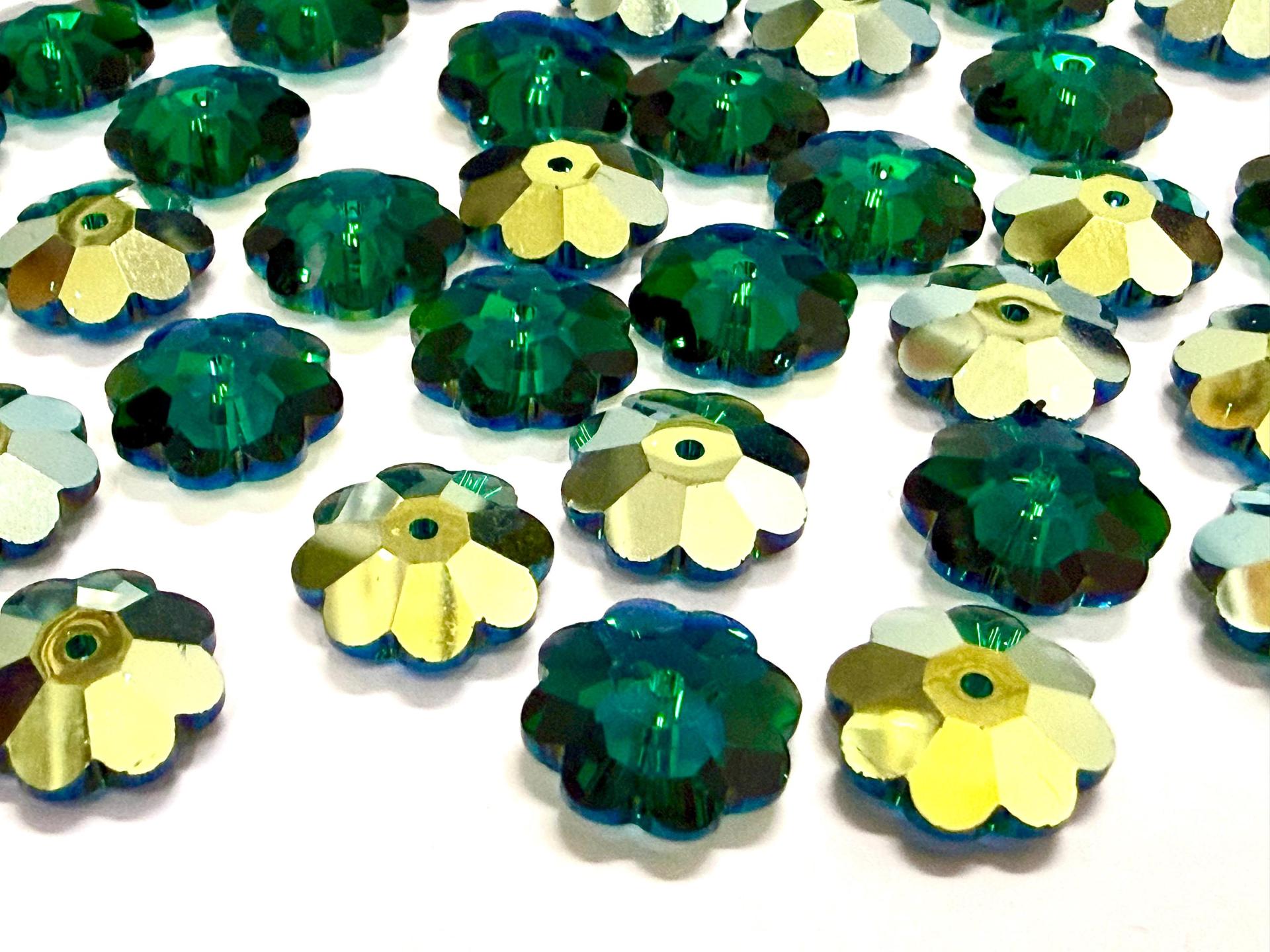 12mm Swarovski Crystal Flower Beads, Emerald Aurore Boreale Finish