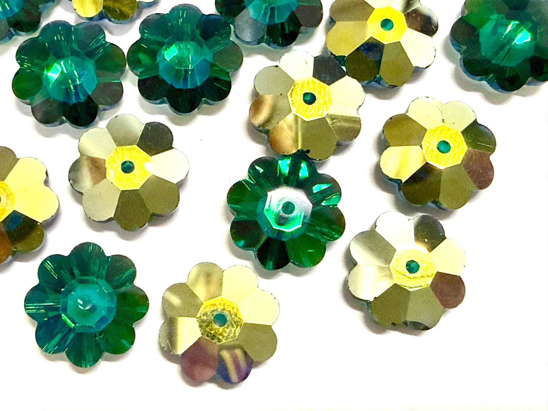 12mm Swarovski Crystal Flower Beads, Emerald Aurore Boreale Finish