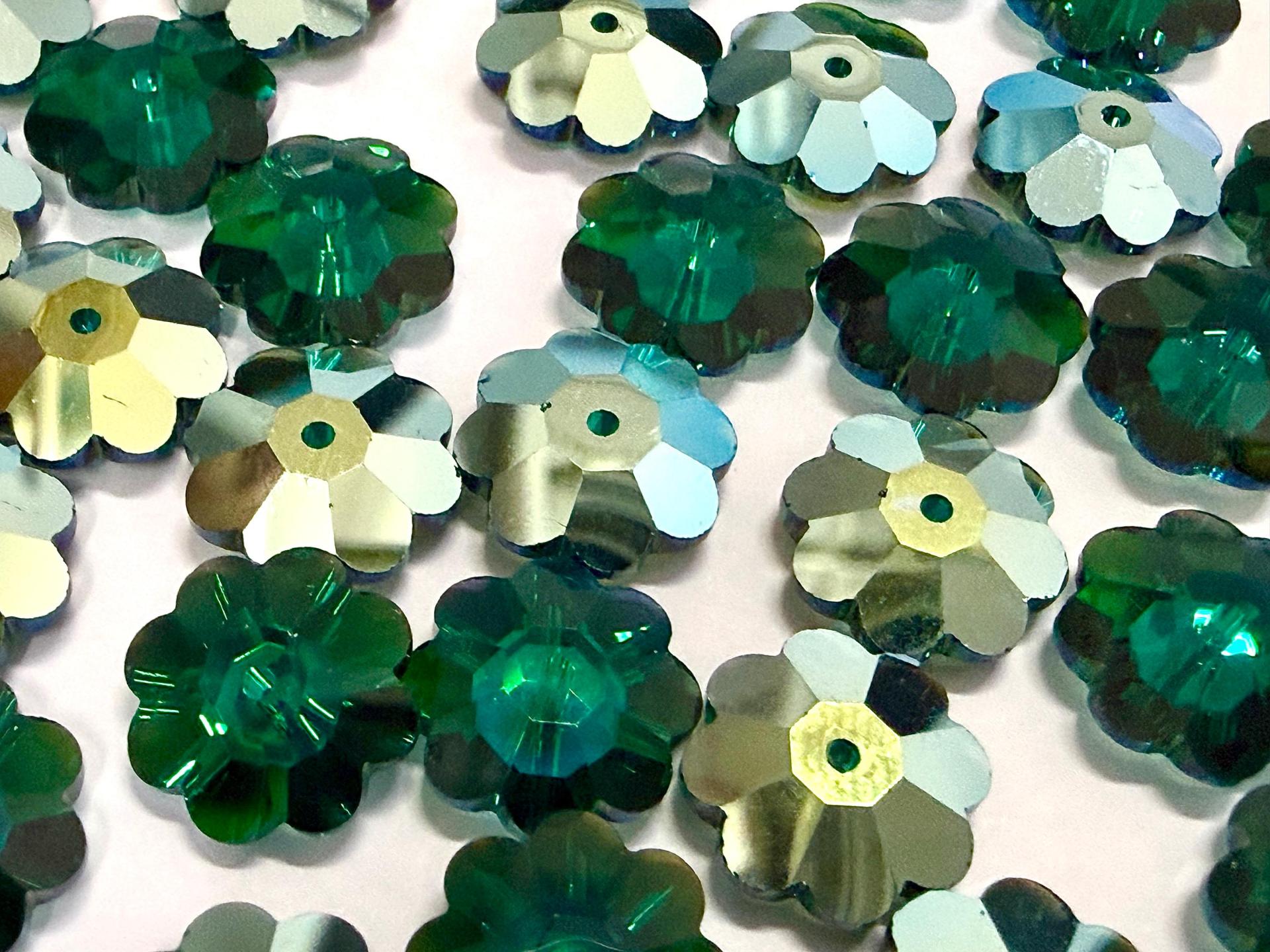 12mm Swarovski Crystal Flower Beads, Emerald Aurore Boreale Finish