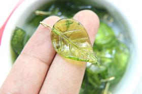 6 Iridescent Olive Green Glass Leaf Drop Beads With Embedded Loop 35 x 17 MM