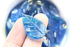 6 Iridescent Capri Blue Glass Leaf Drop Beads With Embedded Loop 35 x 17 MM