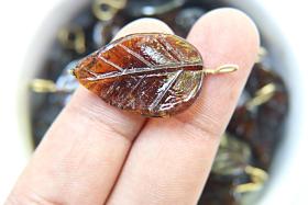 6 Iridescent Dark Brown Glass Leaf Drop Beads With Embedded Loop 35 x 17 MM Charms