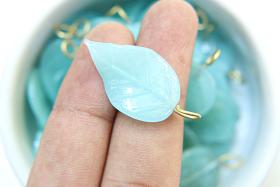 6 Iridescent Mint Opal Glass Leaf Drop Beads With Embedded Loop 35 x 17 MM