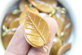 6 Iridescent Dried leaves Glass Leaf Drop Beads With Embedded Loop 35 x 17 MM