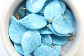 6 Iridescent Turquoise Glass Leaf Drop Beads With Embedded Loop 35 x 17 MM