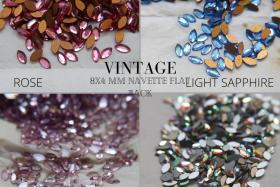 8X4mm vintage rose cut faceted flat back navette glass cabs, cabochons, West Germany