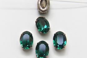 Swarovski 18x13 Emerald 4120 Oval Vintage Silver Clips Sewon 4 hole embroidery materials sewing jewelry making craft vintage supplies